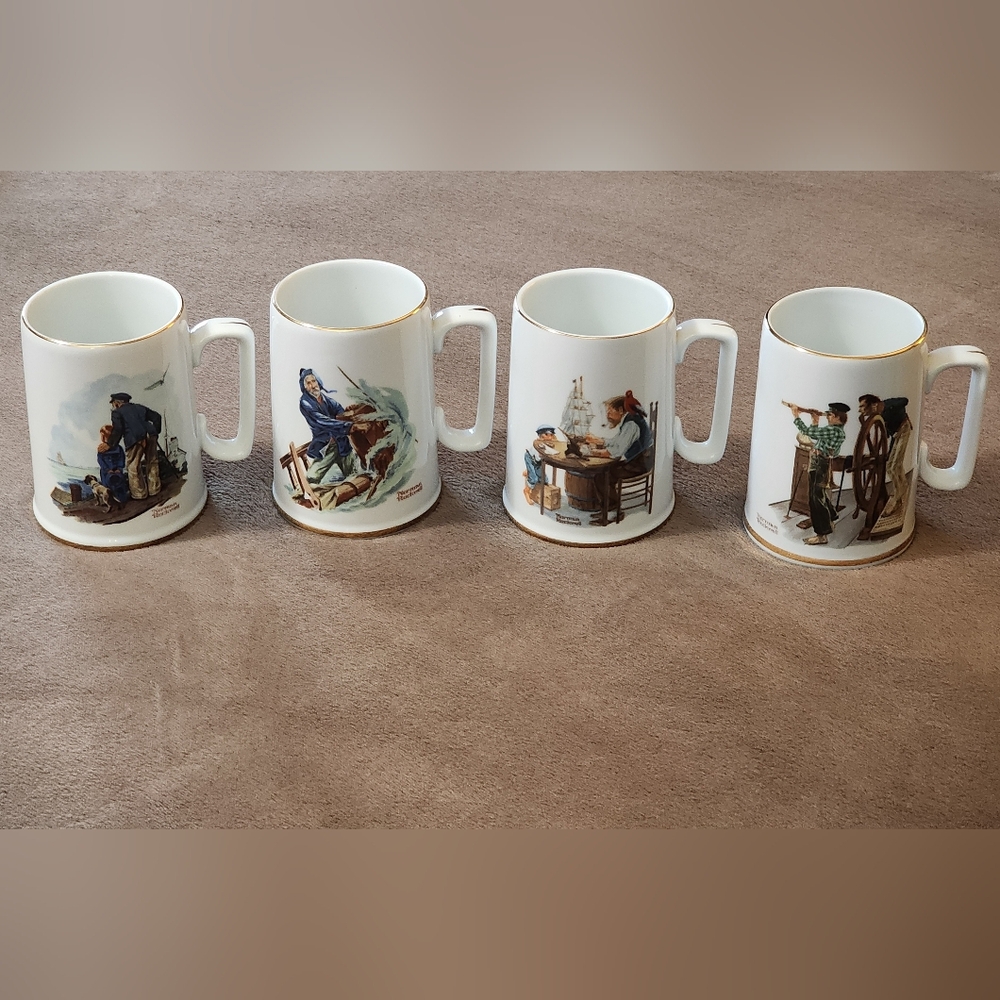 Norman Rockwell 1985 Collectors Porcelain Tankard Set w/ Nautical Illustrations